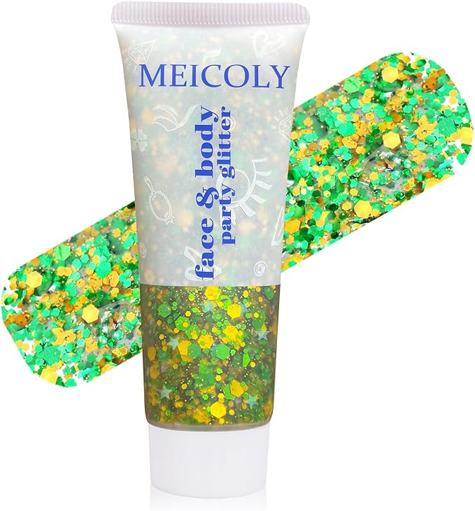 MEICOLY Gold and Green Face Glitter,Holographic Gold Hair Accessories,Sparkle Self-Adhesive Halloween Body Glitter Makeup for Mardi Gras Carnival Festival Party,St Patricks Day Accessories