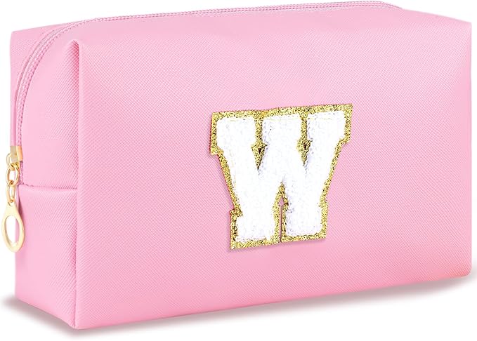 URSKYTOUS Initial Makeup Bag Personalized Preppy Travel Small Cosmetic Bag Cute PU Pink Chenille Letter Makeup Pouch for Purse Waterproof Zippered Toiletry Organizer for Women Girls Kids Friends (W)