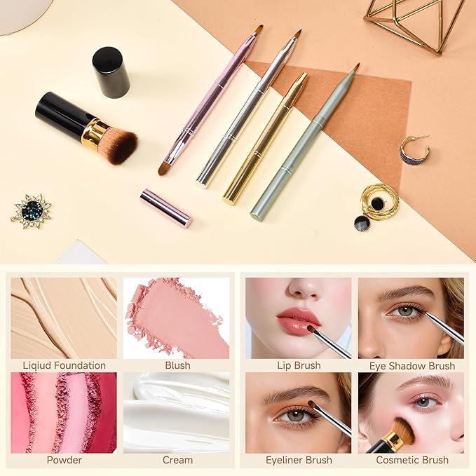 Lip Brush Kabuki Makeup Brush Set, Dual-ended Lip Brushes for Lipstick + All-in-One Foundation Kabuki Brush, Retractable Makeup Brush with Cover for Lip Gloss, Powder Blush, Flawless Cosmetics(Green)