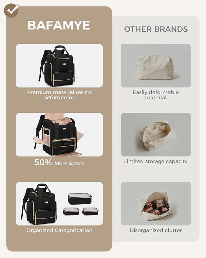 BAFAMYE Large Travel Makeup Bag with 2 Removable Case, Dual-Shoulder Multi-Functional Cosmetic Bag,Double Layer Big Capacity, Portable Toiletry and Skincare Storage Pouch Black