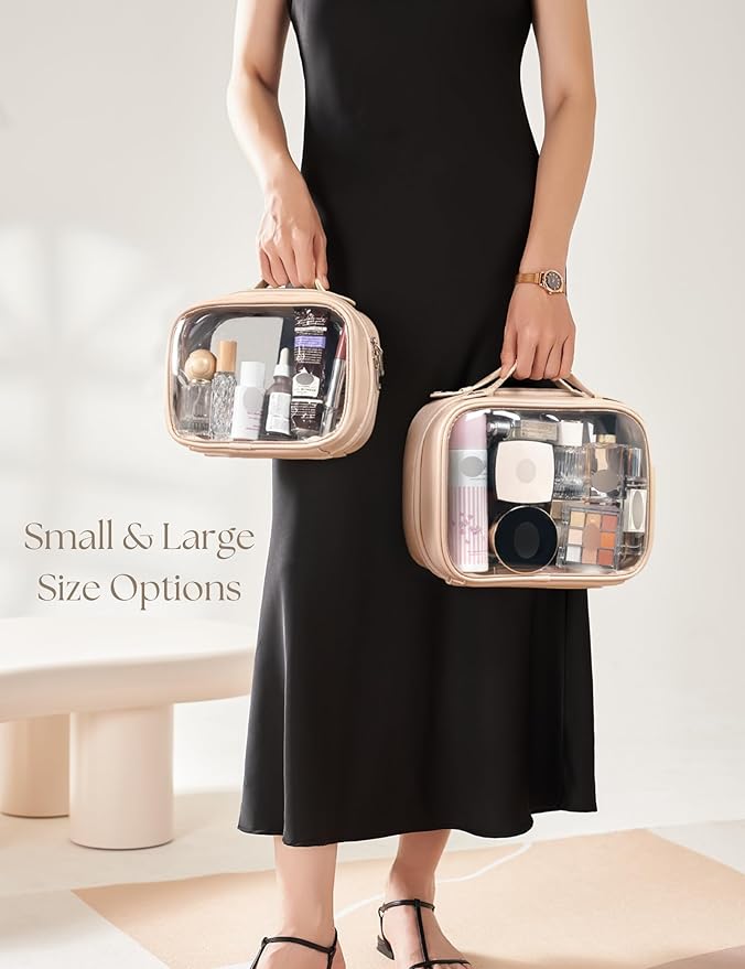Oaque Clear Cosmetic Bag Double Layer 4 Compartments Travel Toiletry Bag Clear Makeup Bag Case with Zipper Transparent Travel Bag for Toiletries, Gift for Women Girls (Taupe, Small)