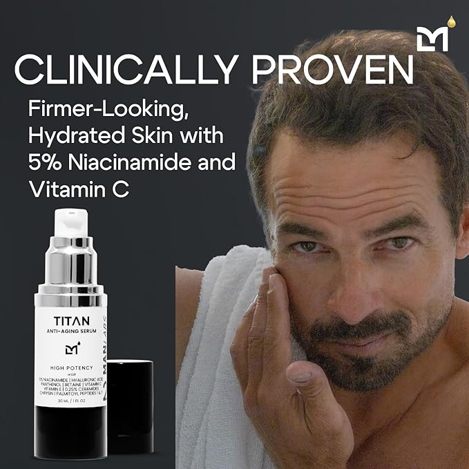 Man Labs Titan Anti-Aging Face Serum for Men – Reduces Appearance of Fine Lines, Dark Spots & Wrinkles – Hydrates Dry and Rough Skin – 5% Niacinamide, Vitamin C, Hyaluronic Acid – Unscented, 1 Fl Oz