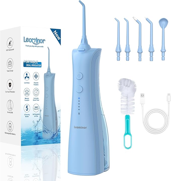 Leominor Water Dental Flosser - 5 Modes Cordless Oral Irrigator, IPX7 Waterproof, Rechargeable Teeth Cleaner Upgrade Datchable Tank Professional Flossing Cleaning Pick for Home Travel(S Blue)