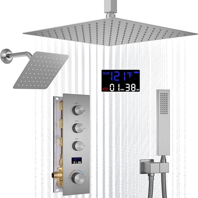 AYIVG Brushed Nickel Thermostatic Rainfall Shower System 12 Inch And 8 Inch Dual Square Shower Head System Ceiling Mount Bathroom Temperature Display Shower Faucet Set With Handled Spray