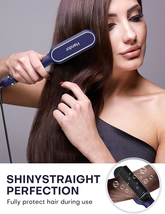 Pro Ionic Hair Straightener Brush for Women - 9 Temp Settings with LED Display, 20s Fast Heat (250°F-410°F), Dual Voltage & Travel Bag for Frizz-Free Salon Finish