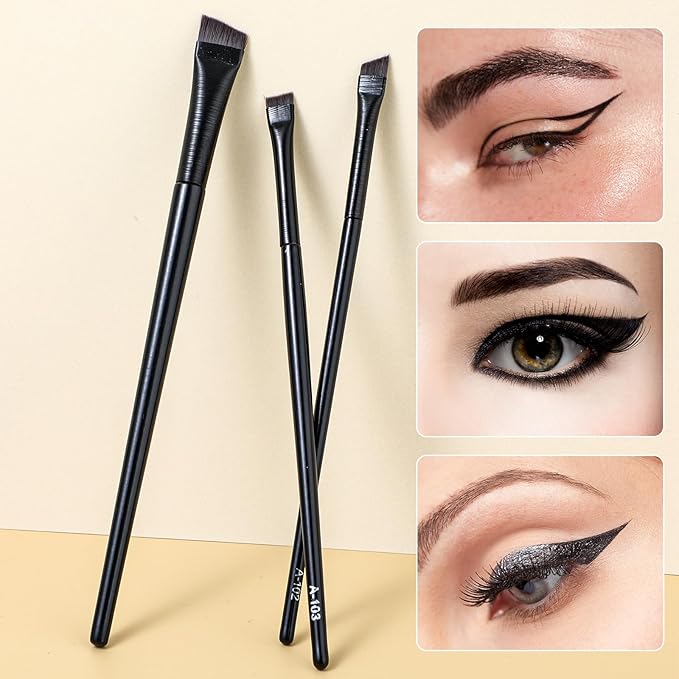 3 Pcs Fine Angled Eyeliner Brush Set - Precision Gel Eye Liner & Brow Tint Brushes - Ultra Thin Slanted Flat Angle Makeup Brush for Beauty Eye Makeup Tool