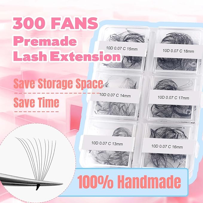 FADLASH Premade Fans Eyelash Extensions 300pcs 10D Premade Lash Fans C Curl Pre Made Fans Lash Extensions Volume Eyelash Extensions Premade Eyelash Fans Loose Fans (10D-0.07C-13-18mm)