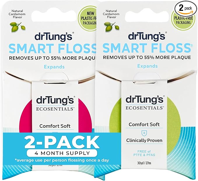 DrTung's Smart Floss - Natural, PTFE & PFAS Free Floss, Gentle on Gums, Expands & Stretches, BPA Free Floss - Natural Dental Floss Cardamom Flavor (Pack of 2)