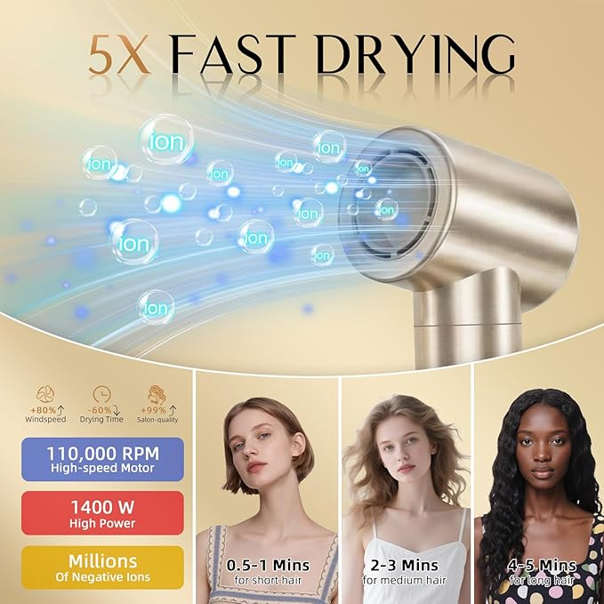 DORISILK 8 in 1 Hair Styler & Hair Dryer Brush Blow Dryer, 110,000 RPM High-Speed Hot Brush Styler and Auto Wrap Curlers, Ionic Smooth for Straightening Curling Volumizing Fast Drying, Champagne Gold