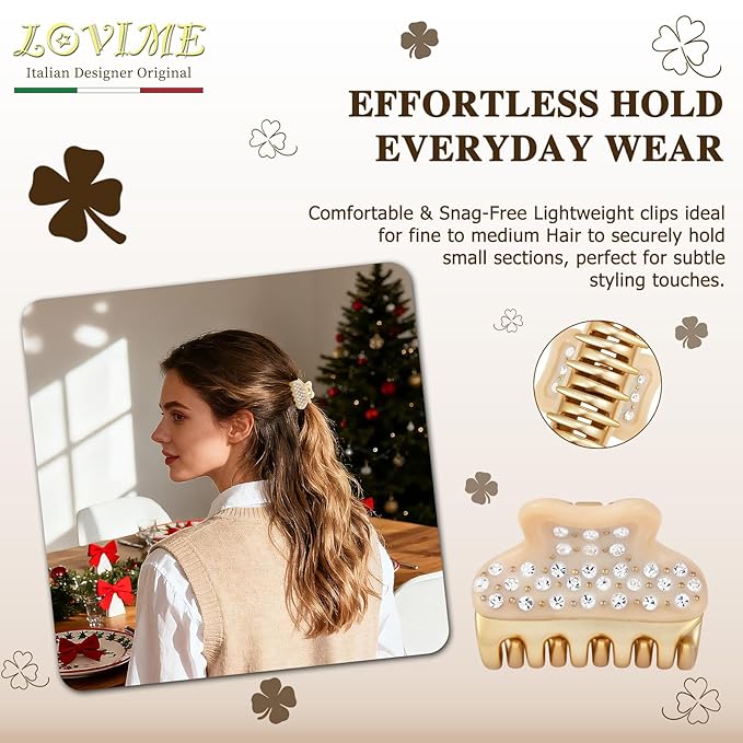18K Gold Plated Small Claw Clips - 1.7 Inch Cute Rhinestone Hair Clips for Women Girls Thick Thin Hair, Premium French Hair Accessories for Half-Up, Birthday Valentine's Gift for Her, Beige