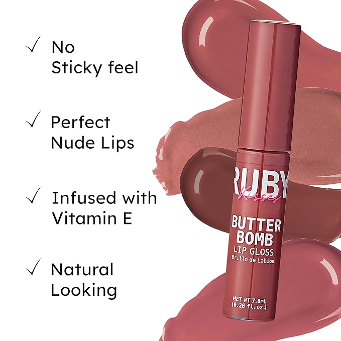 Ruby Kisses Lip Gloss Butter Bomb Gloss Non-Sticky Lip Gloss Vitamin E Natural Nude Lip Makeup - 7.8mL (0.26 US fl.oz) (Blind Date)