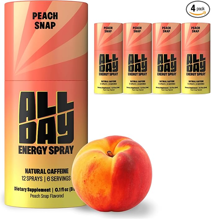 ALLDAY Caffeine Spray, Promotes Focus and Energy (Peach Snap, 4 Bottles, 48 Sprays) | 32mg Natural Caffeine per Spray | Pocket-Size Energy Shot with L-Theanine, Vitamin B12, & Vitamin D