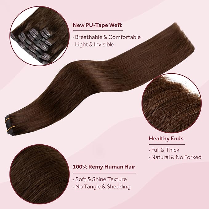 Clip in Hair Extensions Real Human Hair Chocolate Brown Seamless Clip In 100% Straight Remy Hair Extensions PU Skin Weft Add Volume for Women #4A 20Inch 120G 8PCS