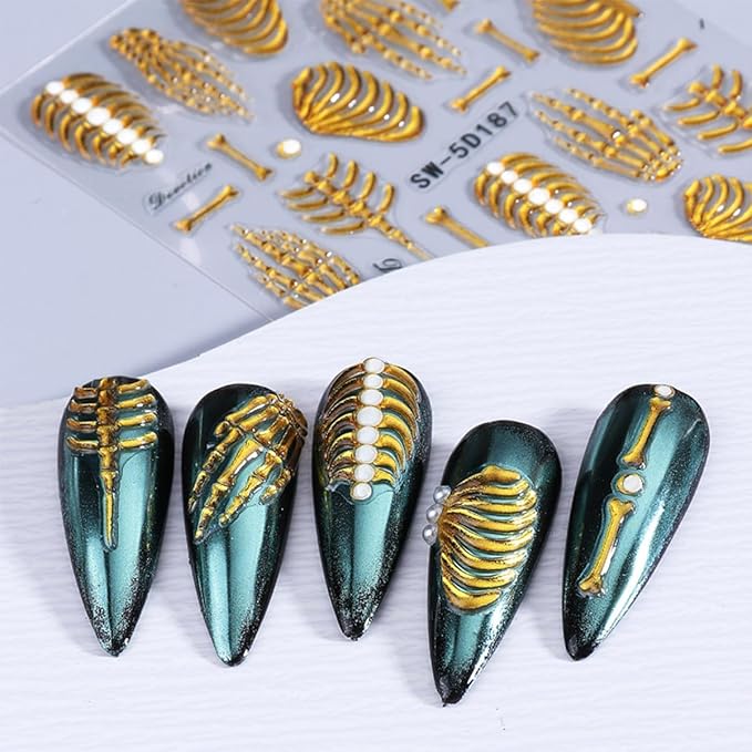 3 Sheets Halloween Nail Stickers for Nail Art 5D Embossed Halloween Skull & Skeleton Nail Art Stickers Decals Gothic Nails Design Rose Gold Hand Bone Nail Supplies for Women Holiday Nails