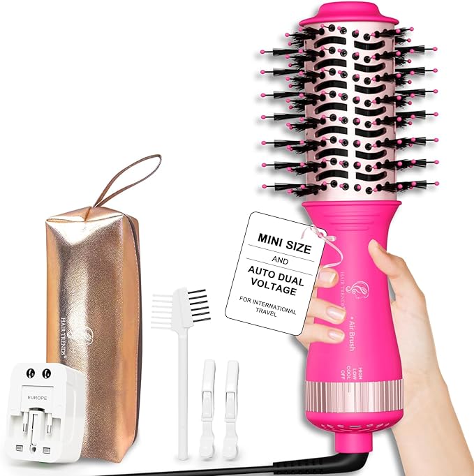 Dual Voltage Travel Hair Dryer Brush, One Step Mini Hot Air Brush Styler & Dryer, Hair Trends Nano Titanium 2 Inch Oval Shape Volumizer, Europe Travel Essentials for Women