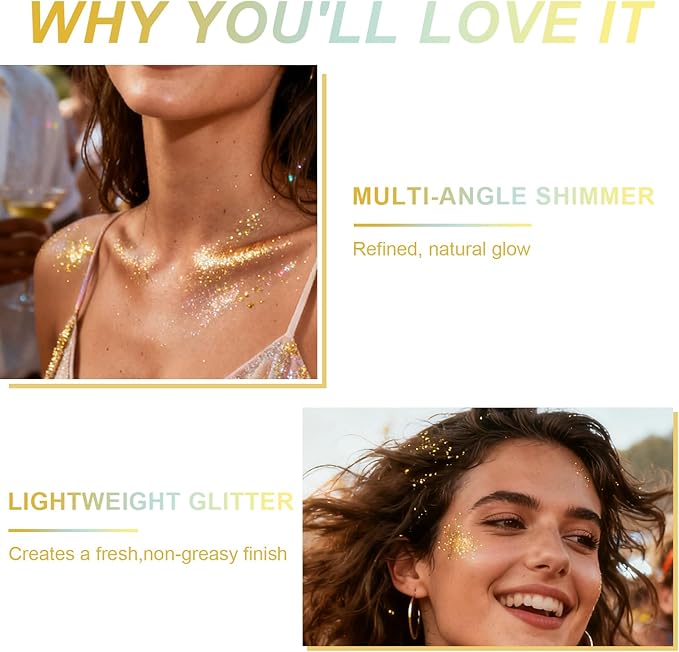 1PC Roll-on Holographic Body Glitter Gel for Body, Hair, Face, Chameleon Color Changing Glitter Gel Under Light, Chunky Mermaid Sequins Festival Party Rave Accessories Shimmer Makeup (Gold)