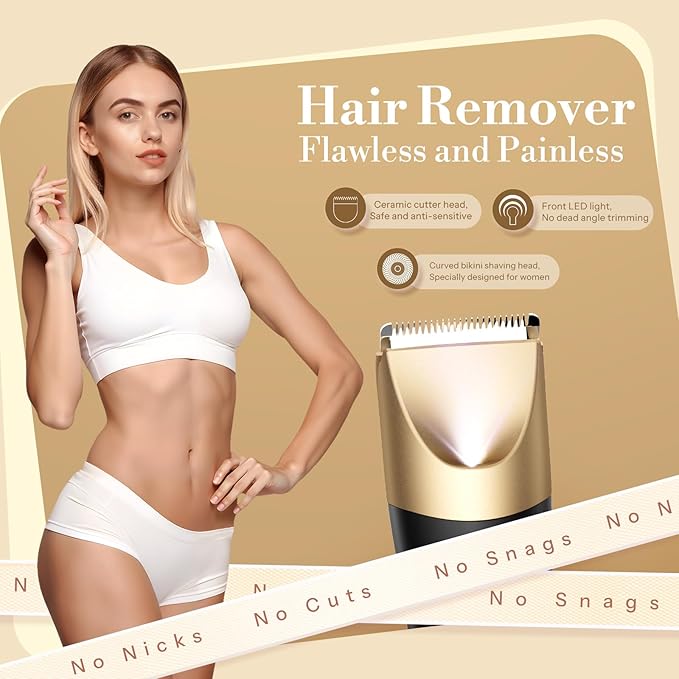 Bikini Trimmer for Women, Flyant 2 in 1 Electric Shaver for Women, Pubic Hair Trimmer Waterproof IPX7 with LED, Bikini Razor for Leg Arm Underarm Bikini Area, Christmas Gifts for Her - Black Gold