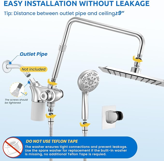 Ryamen Upgraded Dual Shower Heads Combo, 10 inch Filtered Shower Head with Handheld, 3-Way Rain Shower Head with Filters, 7 Settings Handheld Spray, High Pressure, Height Adjustable (Silver)