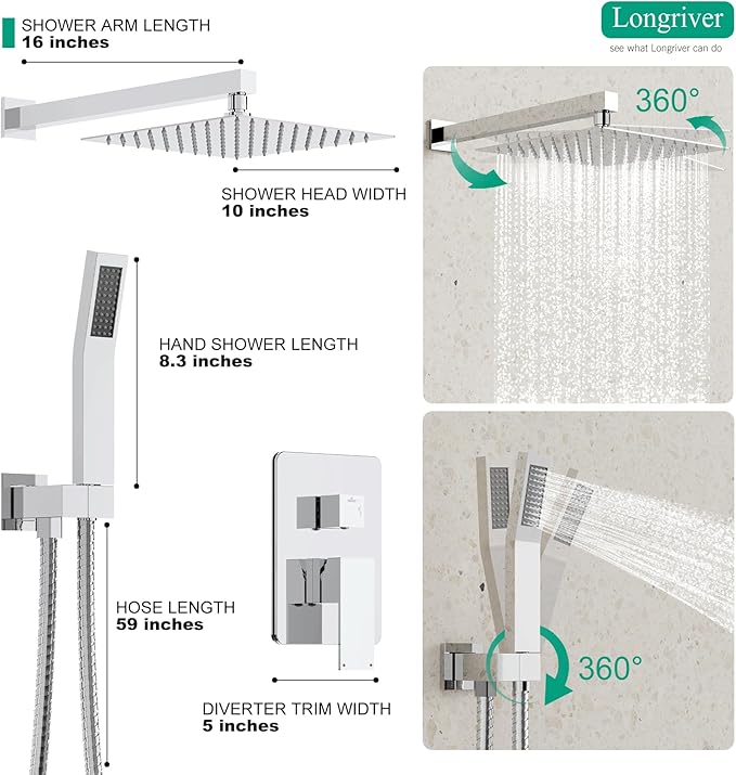 Longriver Shower Faucet Set, Shower System Bathroom High Pressure 10 Inches Rainfall Shower Head with Handheld Spray, Wall Mounted Shower Fixtures with Shower Valve and Trim Kit, Polished Chrome