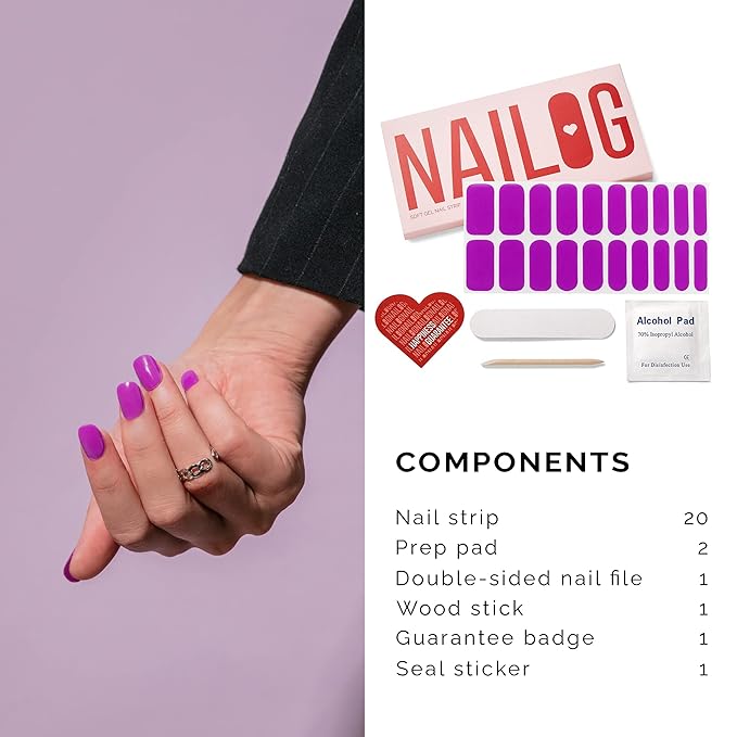 NAILOG Semi Cured Gel Nail Strips (20 Extra Long Polish Stickers/Wraps) │ Glossy & Long Lasting Soft Gel Finishing, Kiko
