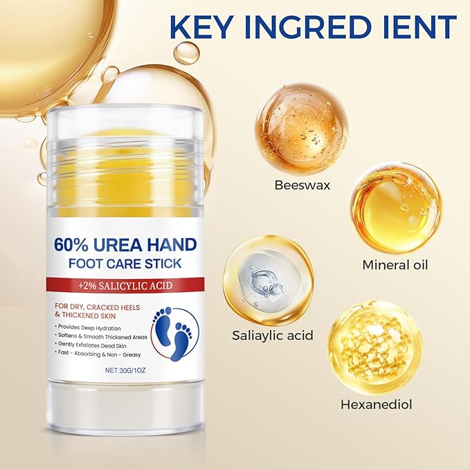 Feet Cream with 60% Urea+2% Salicylic Acid, Anti-Cracking Moisturizer Foot Cream, Foot Lotion Stick for Heels, Dry Hands & Rough Knees, Exfoliating Dead Skin, Repairs and Hydrates Feet, 2 PCS