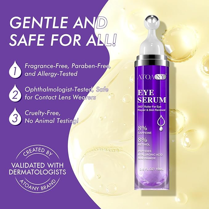 Eye Serum with 8% Caffeine & Retinol for Dark Circles & Puffiness, Under Eye Cream with Hyaluronic Acid, Niacinamide & Peptides, 360° Roller Massage Ball, Fine Line & Wrinkle Care, 0.5 fl oz