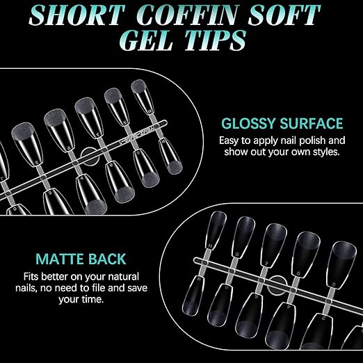 gelike ec Short Coffin Nail Tips: Soft Gel False Nail Tips Full Cover for Nail Extension,Acrylic Nails Professional Clear Gelly Tips False Press on Preshaped PMMA,12 Sizes 240PCS