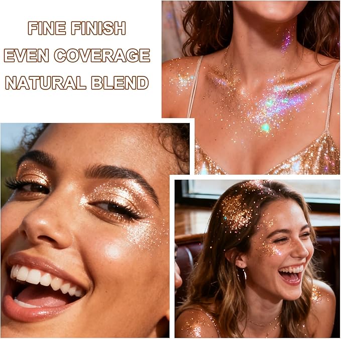 Roll-on Holographic Body Glitter Gel for Face and Hair, Chameleon Color Changing Glitter Gel Under Light, Chunky Mermaid Sequins Shimmer Makeup for Halloween Party Rave Accessories (Champagne)