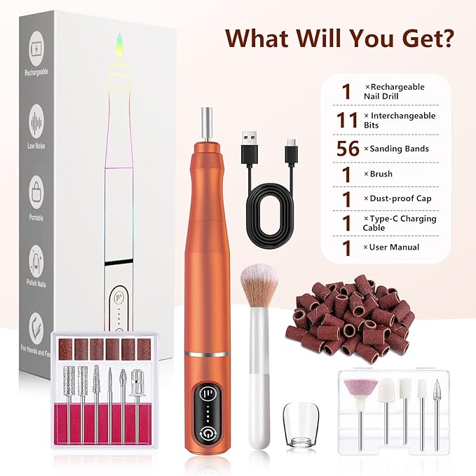 Cordless Nail Drill Electric Rechargeable File Kit, Professional Efile Acrylic Gel Nail Polish Remover Pedicure Manicure Machine Portable Set with 11 Bits 56 Sanding Bands (Orange)