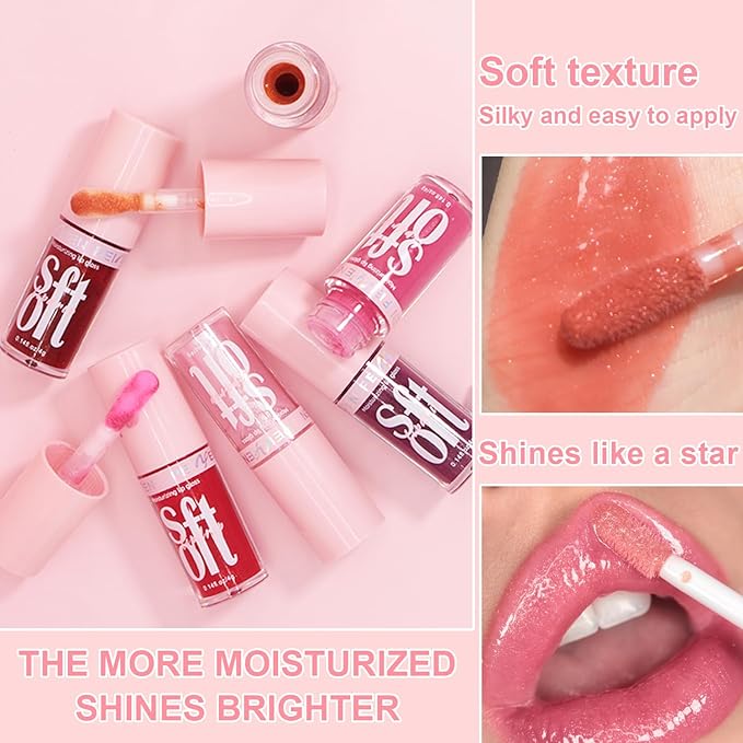 6 PCS Hydrating Lip Oil, Big Brush Head Lip Glaze Shiny Transparent Lip Glow Oil, Nourishing & Non-sticky Long Lasting Fresh Clear Smooth Lip Care Plumping Lip Oil (SET A)