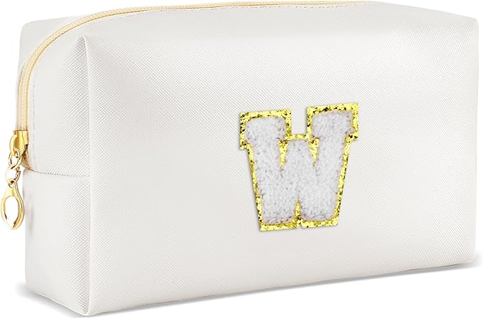 URSKYTOUS Gifts for Girls Initial Makeup Bag Personalized Cosmetic Bag with Zipper Cute Travel Toiletry Bags Waterproof PU Preppy Makeup Pouch Birthday Gift for Teen Girls Women(White W)