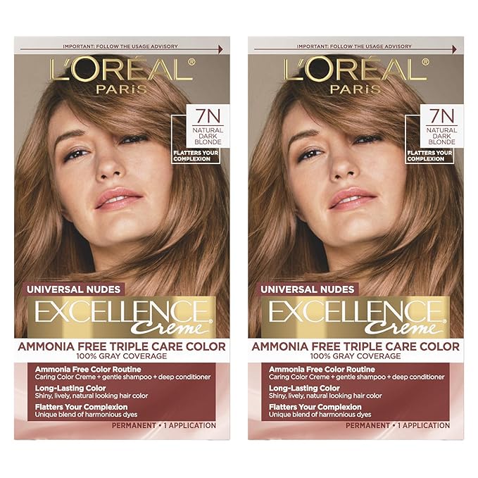 L’Oreal Paris Excellence Universal Nudes Permanent Hair Color, Ammonia Free Hair Dye for Gray Hair Coverage, 7N Natural Dark Blonde, 1 Kit (Pack of 2)
