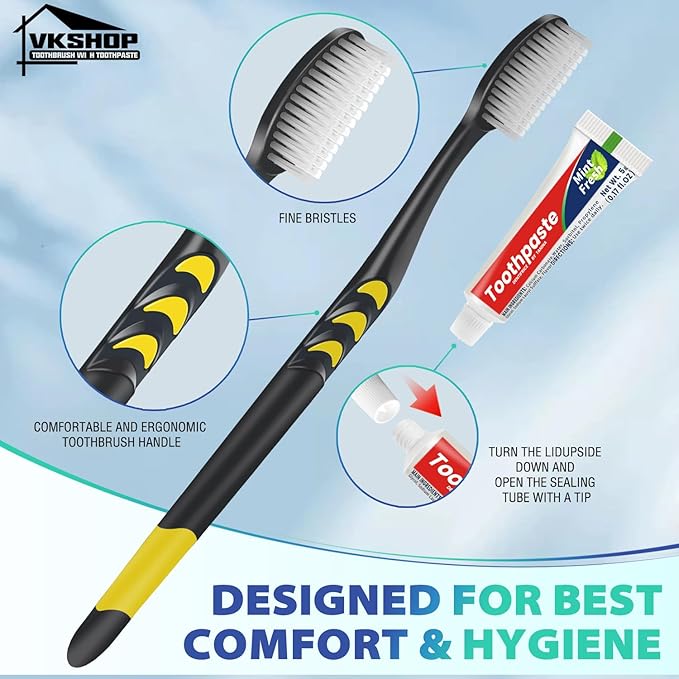 100 Pack Disposable Toothbrush with Toothpaste Set, Individually Wrapped Travel Toothbrushes for Adults & Kids, Portable Soft Bristle Kit for Camping, Hotel, Emergency Use (Black, 5g)
