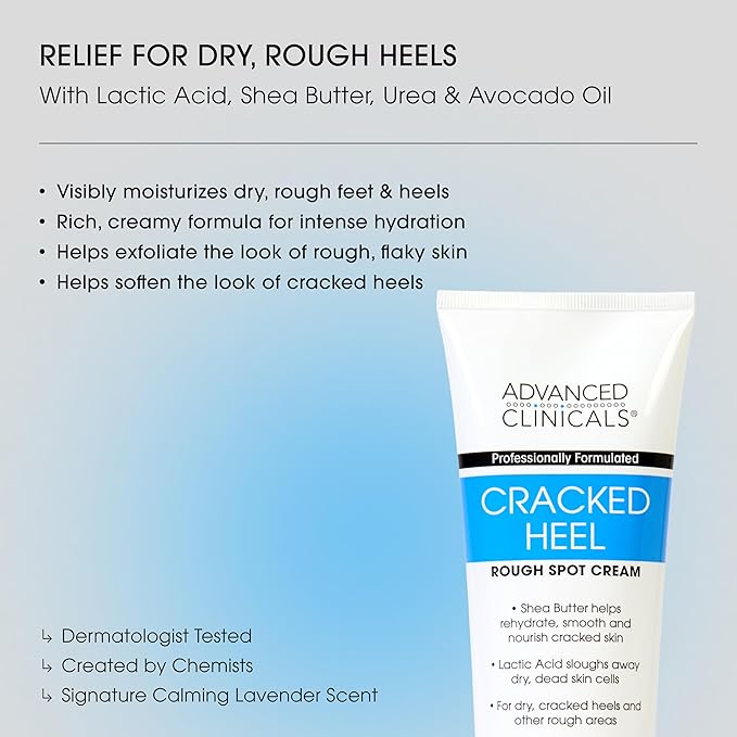 Advanced Clinicals Cracked Heel Foot Cream Skin Care Moisturizer Lotion For Feet W/Shea Butter | Helps Heal Cracked Skin, Rough Spots, Calluses, & Dry Skin | Foot Lotion | Hand Lotion| Large 8 Fl Oz