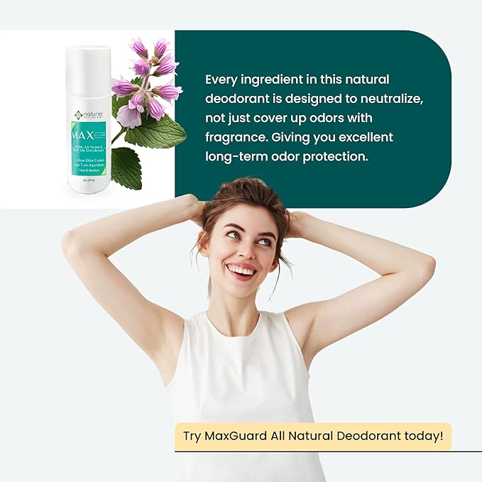 MaxGuard All-Natural Deodorant for Men & Women | 24-Hour Odor Protection | Aluminum-Free, Baking Soda-Free | Roll-On | Non-stain, Non-irritating Formula | Healthier, Long-Lasting Freshness | 3oz