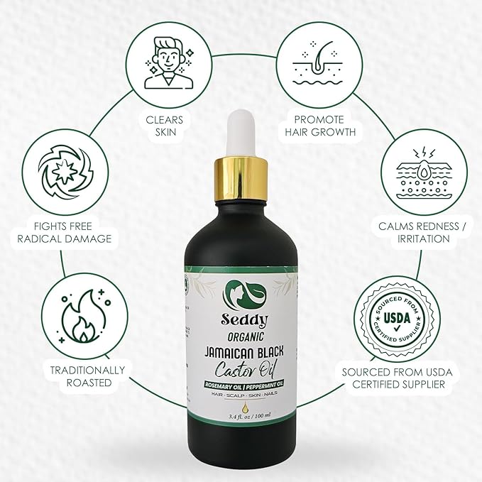 Seddy Organic Jamaican Black Castor Oil with Rosemary & Peppermint – Cold-Pressed, Hexane-Free Hair Growth & Scalp Treatment Oil for Thicker, Stronger Hair, Edges & Beard – 3.4 fl oz