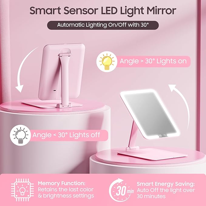 Benbilry Foldable Travel Makeup Mirror with Lights and 20X Magnification, Rechargeable Tabletop LED Vanity Mirror with Adjustable Stand, 3-Colored Dimmable Lighting, Portable Cosmetic Mirror, Pink