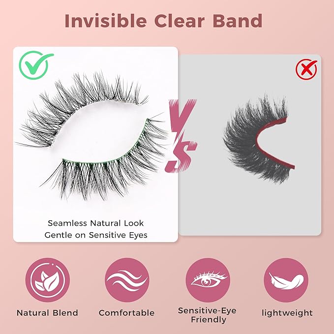 Clear Band Natural False Eyelashes – Lightweight Wispy Lash Strips for Daily Wear, Invisible Band Natural Cat Eye Look, 7 Pairs Reusable