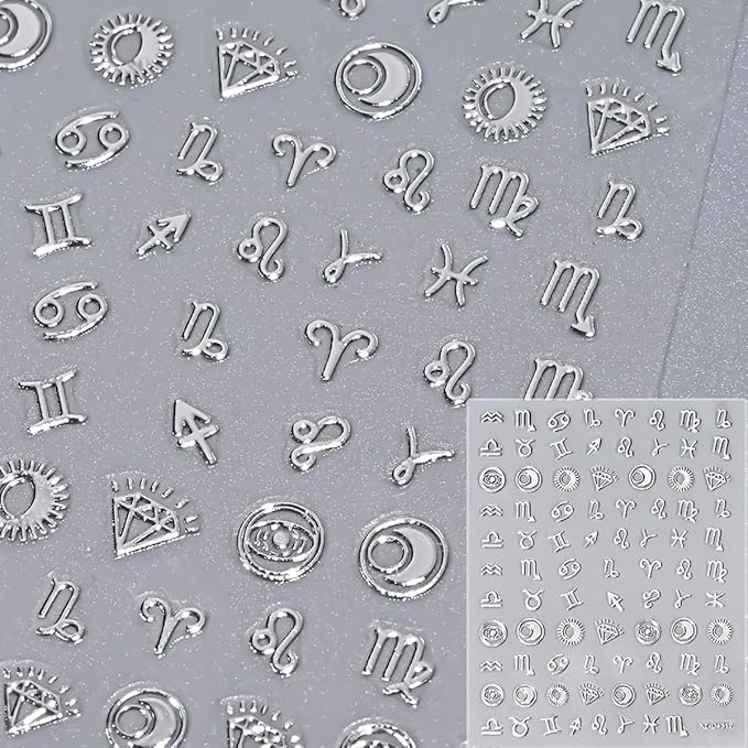 12 Sheets Silver Nail Art Stickers Star Nail Stickers Sun Moon Nail Decals Self Adhesive Evil Eye Nail Art Supplies for Women Girls DIY Manicure Nail Art Decorations