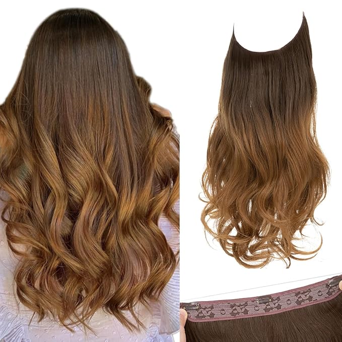 SARLA Ombre Invisible Wire Hair Extensions with 3 Clips Synthetic Wavy Curly Hairpiece Adjustable Transparent Headband for Women 16 Inch Brown to Golden