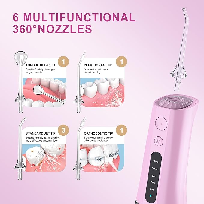 MOCEL Water Dental Flosser OLED Display Cordless Teeth Cleaning MOCEL 5 Modes Oral Irrigator 300ML Portable and USB C Rechargeable IPX7 Waterproof Floss Teeth Pick (Pink)