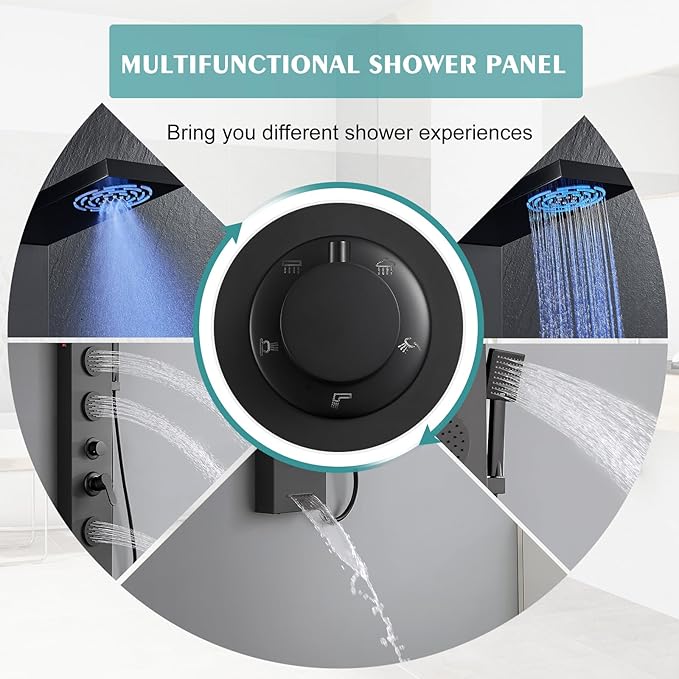 KINKIB Matte Black Shower Panel for Bathroom - 5 In 1 Full Body Shower Tower With Led, Rainfall Shower Head With Powerful Body Jets, Handheld Shower And Tub Spout