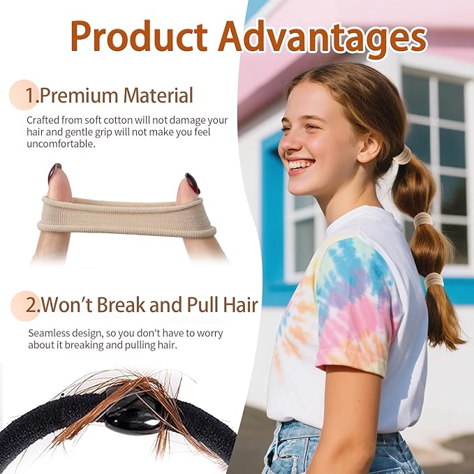Bessrung 100 PCS Seamless Nylon Hair Ties, No Damage Elastics Hair Ties for Women Girls, Soft Stretchy Ponytail Holders for Thin Thick Hair, Snag-Free Hair Bands Valentine's Day Gift(Beige Color)