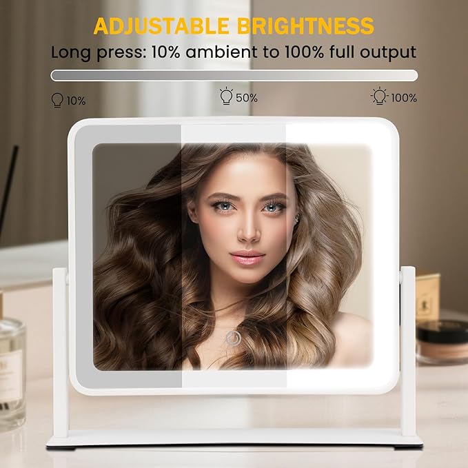 Vanity Mirror with Lights, 14"×12" LED Makeup Mirror, HD Professional Mirror, Smart Touch with 3-Color Lighting, Dimmable, 360° Rotation, Lighted Up for Makeup Desk, Bedroom (White)