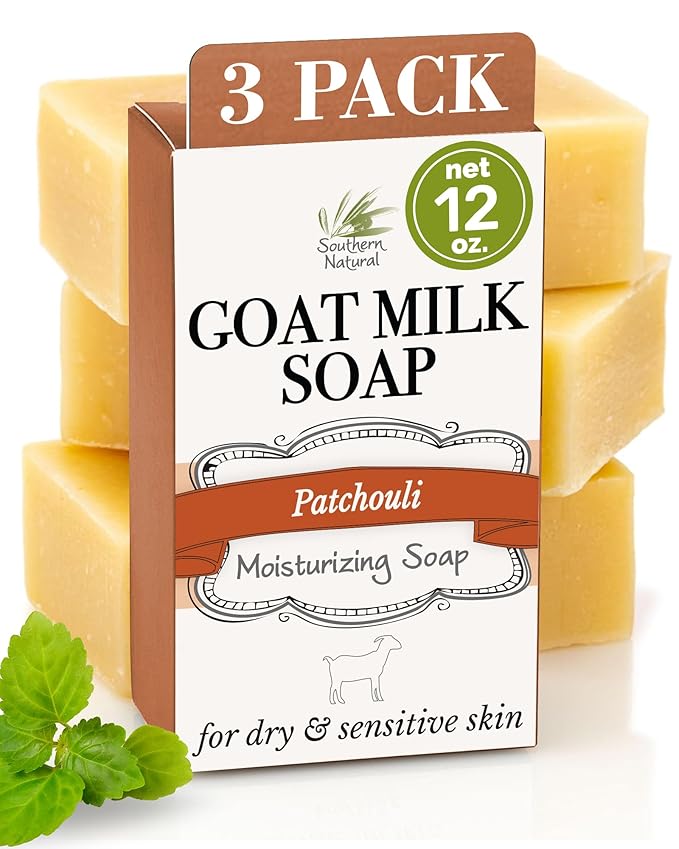 Southern Natural Goat Milk Soap Bar (Patchouli 3 Pack) For Dry Sensitive Skin. Natural, Handmade Soap For Men, Women, Kids & Baby. Use On Face & Body