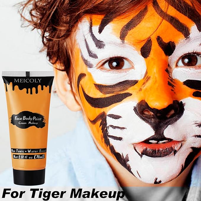 MEICOLY Orange Face Body Paint for Halloween SFX Special Effects Pumpkin Tiger Makeup,2.37Oz Large Tube Water Based Washable Face Paint,Non-Toxic Body Paint for Adults and Children