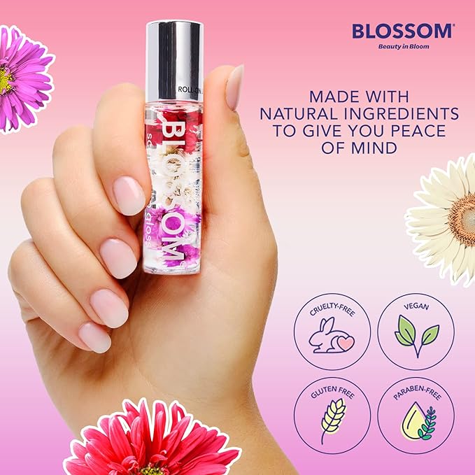 Blossom Scented Roll on Lip Gloss and Juicy Jelly Moisturizing Lip Care Nourishing Lip Oil, 2 Pack, Strawberry