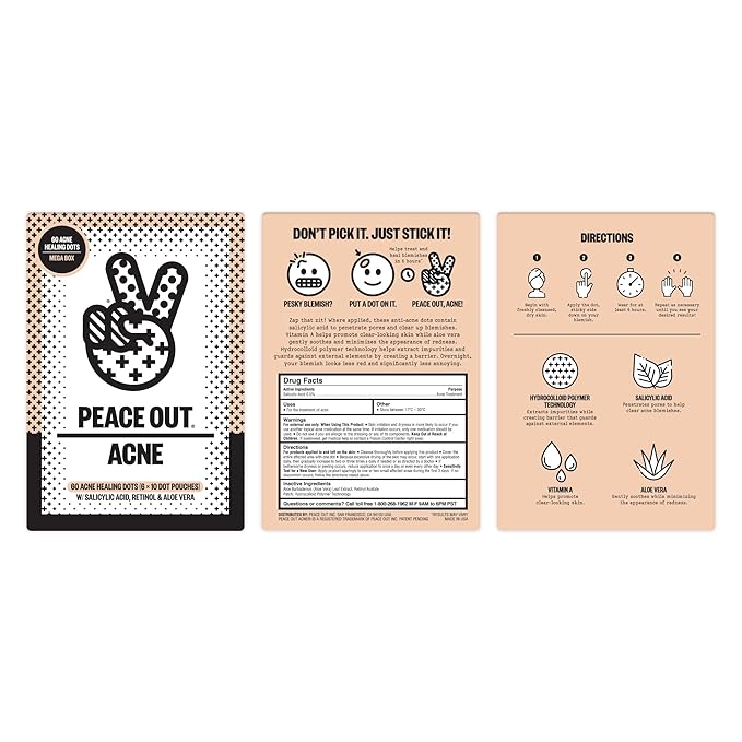 PEACE OUT Acne Healing Dots Hydrocolloid Pimple Patches, Acne Spot Patches with Salicylic Acid, Retinol, and Aloe Vera for Blemishes and Breakouts, 60 Count