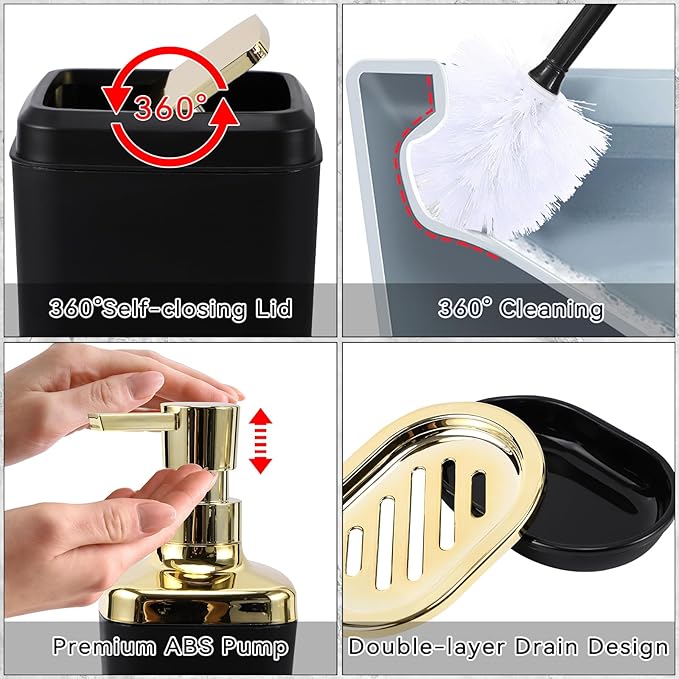 XLHOMO Bathroom Set - 22PC Black Bathroom Accessories Sets Complete with Black Ombre Shower Curtain,Trash Can,Toothbrush Holder,Toothbrush Cup,Soap Dispenser,Soap Dish,Toilet Brush,Tray,Qtip Holders