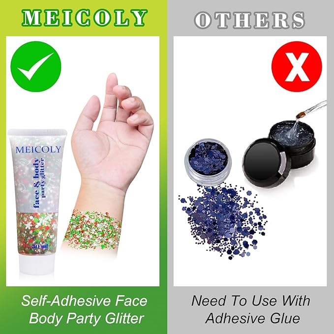 MEICOLY Christmas Face Body Glitter Gel,Holographic Hair Glitter,Christmas Accessories Stocking Stuffers Gift,Festival Face Glitter Makeup for Women Kids Girls,Self-Adhesive Chunky Glitter